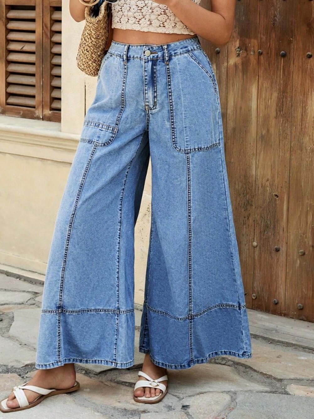 Light Wash Casual Women's Denim Wide-Leg Boho Vacation Pants - Picture 4 of 7